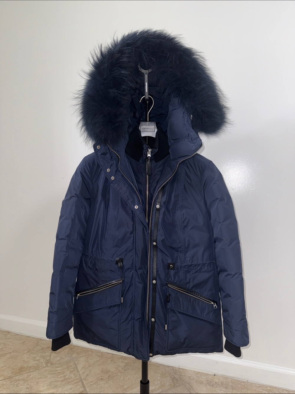 Mackage Navy Down Puffer Coat with Faux-Fur Hood